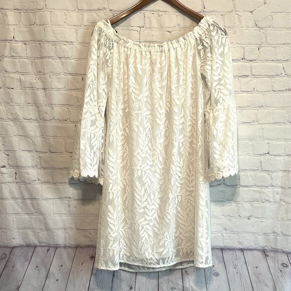 Lilly Pulitzer Nevie Dress White Swirling Leaf Off Shoulder Dress Resort - Picture 5 of 14